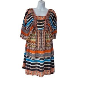 One World Mini Dress Womens S Multicolor Geometric Empire Waist Aztec Summer
